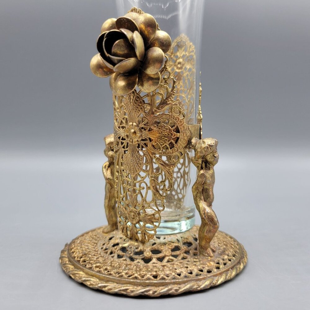 Antique Vintage Gold Brass Filigree Fluted Bud Vases Cherub Figural Design - Picture 8 of 16